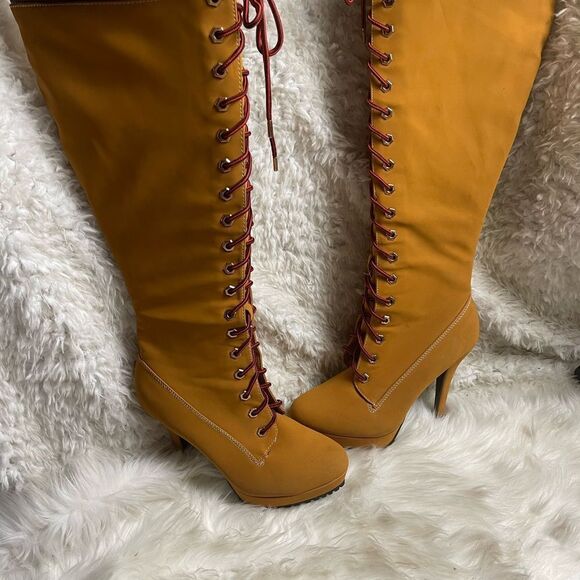 Bamboo Synthetic nubuck tan Combat knee high lace Up Stiletto Platform Boots SZ9 - Picture 3 of 12
